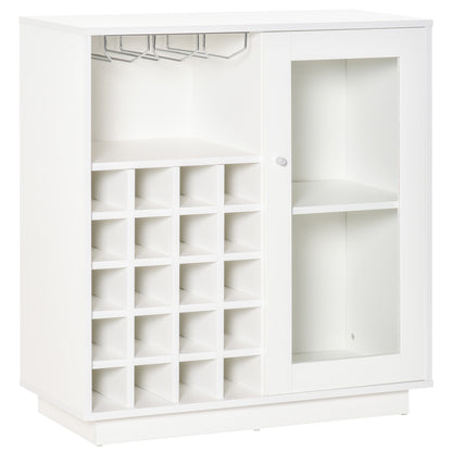 Wine Bottle Rack with Glass Holder and Cabinet, Wine Holder for 20 Bottles, Wine Cabinet with Glass Door, 80x36x85 cm, White