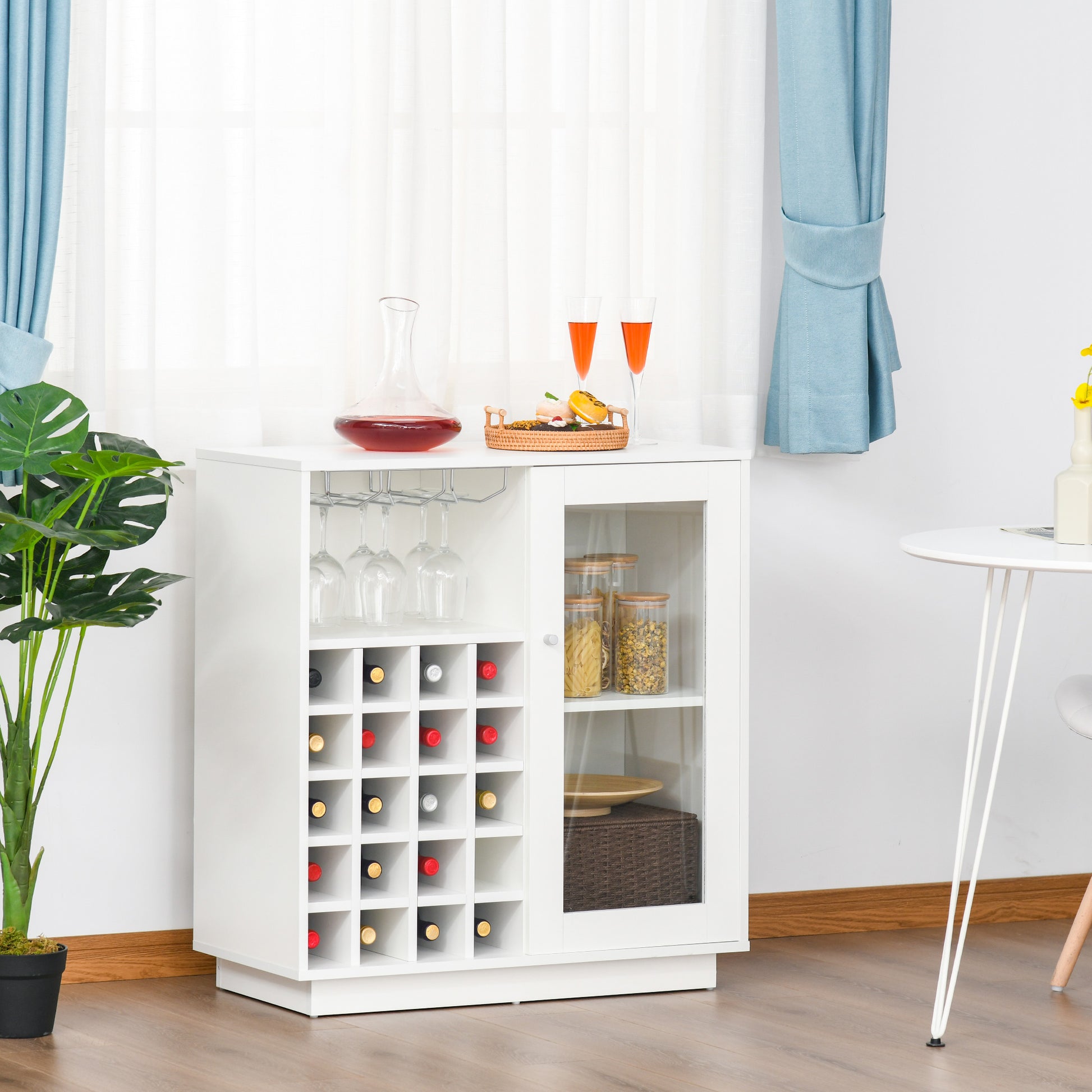 Wine Bottle Rack with Glass Holder and Cabinet, Wine Holder for 20 Bottles, Wine Cabinet with Glass Door, 80x36x85 cm, White