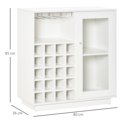 Wine Bottle Rack with Glass Holder and Cabinet, Wine Holder for 20 Bottles, Wine Cabinet with Glass Door, 80x36x85 cm, White