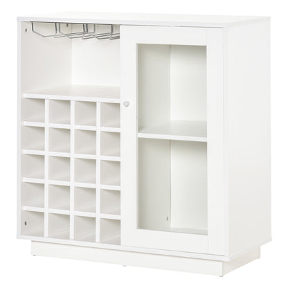 Wine Bottle Rack with Glass Holder and Cabinet, Wine Holder for 20 Bottles, Wine Cabinet with Glass Door, 80x36x85 cm, White