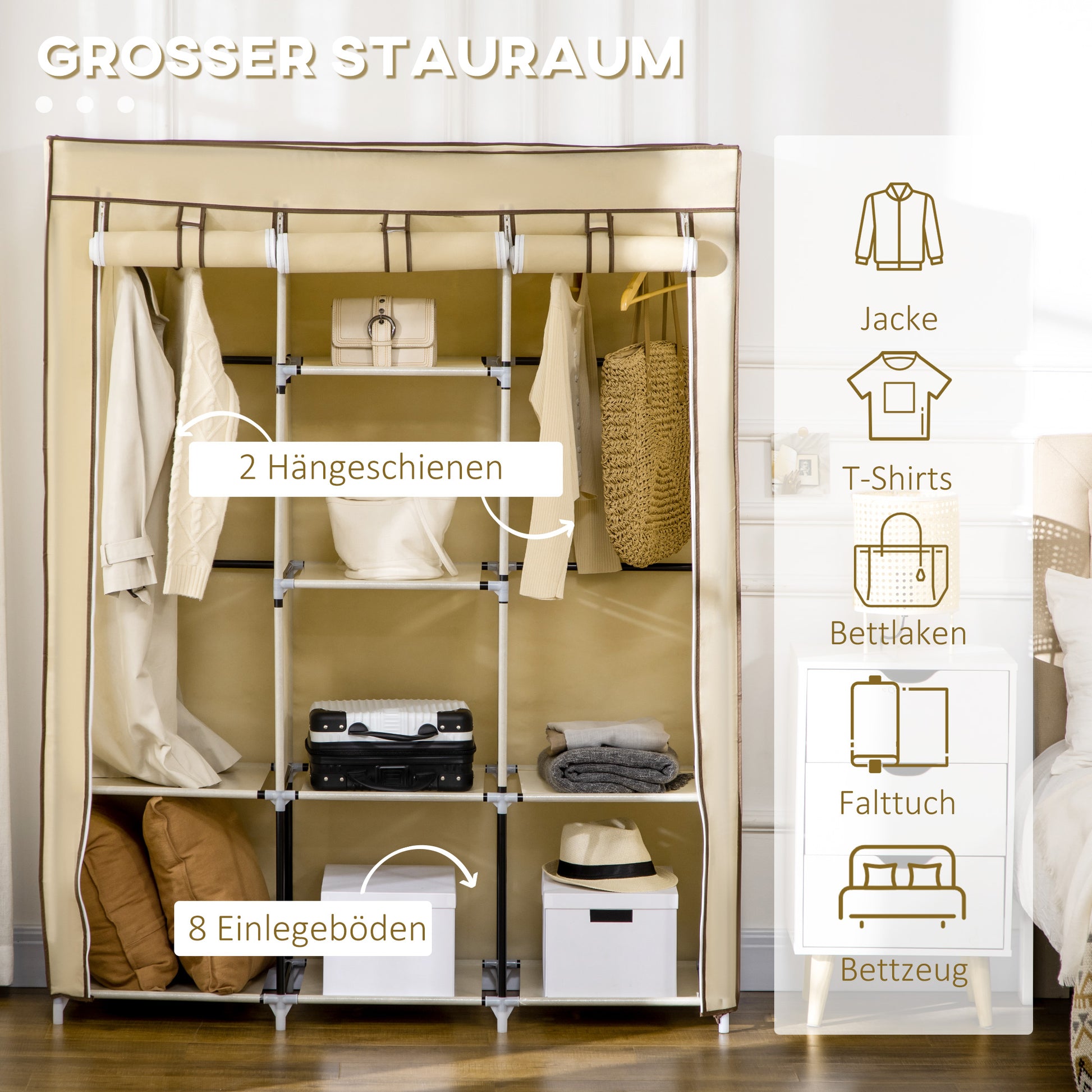 Fabric Wardrobe, Closet with Clothes Rods, 8 Tiers, Foldable Closet, Folding Wardrobe for Bedroom, Hallway, Non-Woven Fabric, Beige, 125 x 43 x 162.5 cm