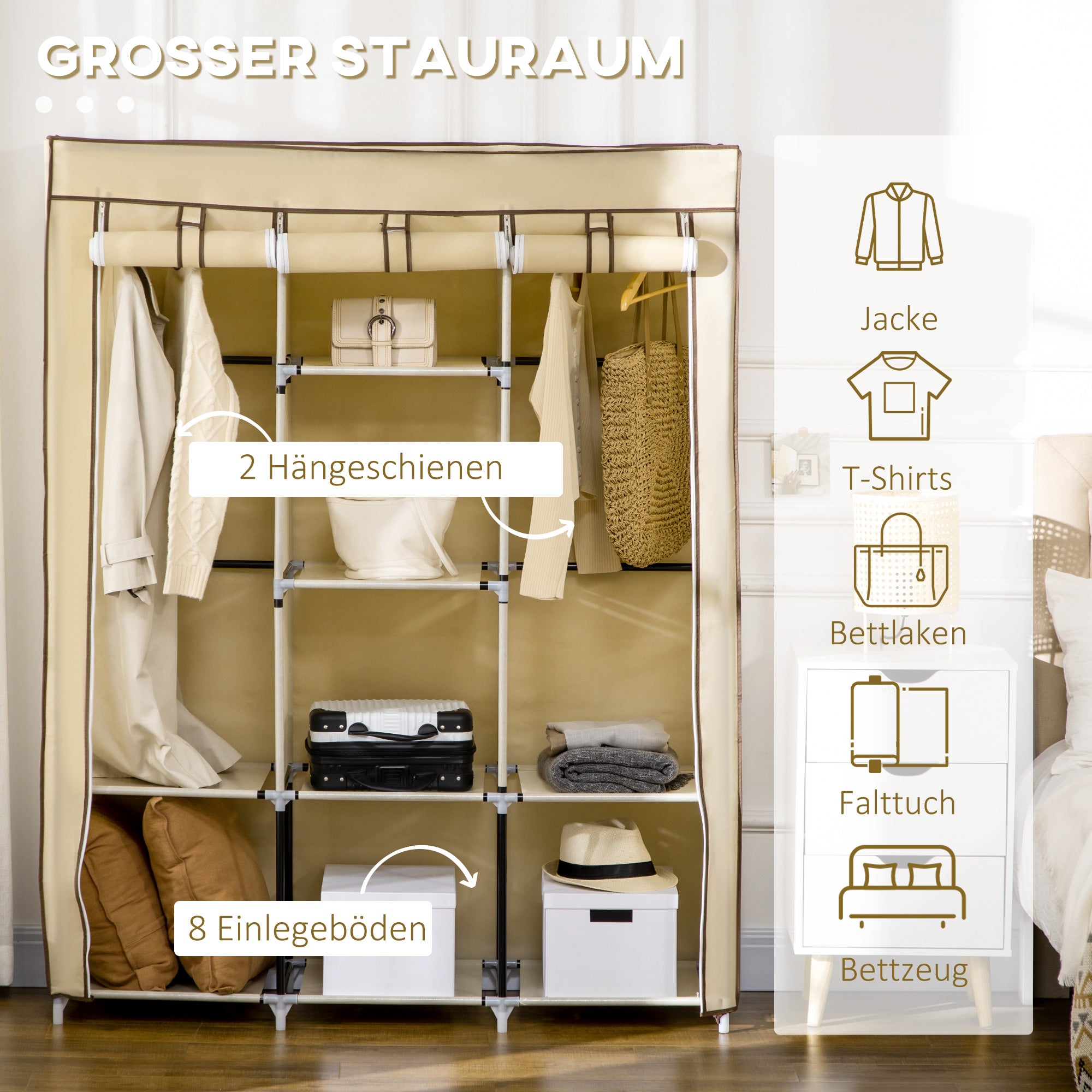 Fabric Wardrobe, Closet with Clothes Rods, 8 Tiers, Foldable Closet, Folding Wardrobe for Bedroom, Hallway, Non-Woven Fabric, Beige, 125 x 43 x 162.5 cm