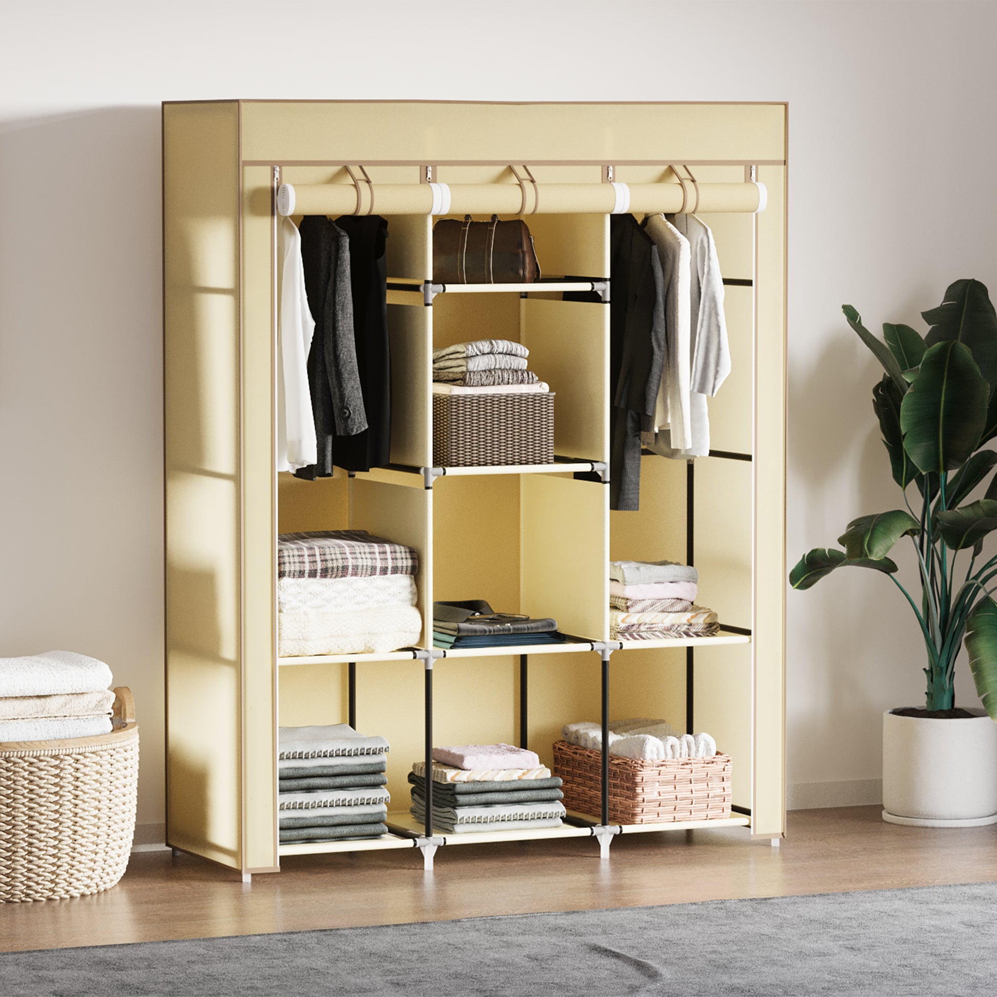 Fabric Wardrobe, Closet with Clothes Rods, 8 Tiers, Foldable Closet, Folding Wardrobe for Bedroom, Hallway, Non-Woven Fabric, Beige, 125 x 43 x 162.5 cm