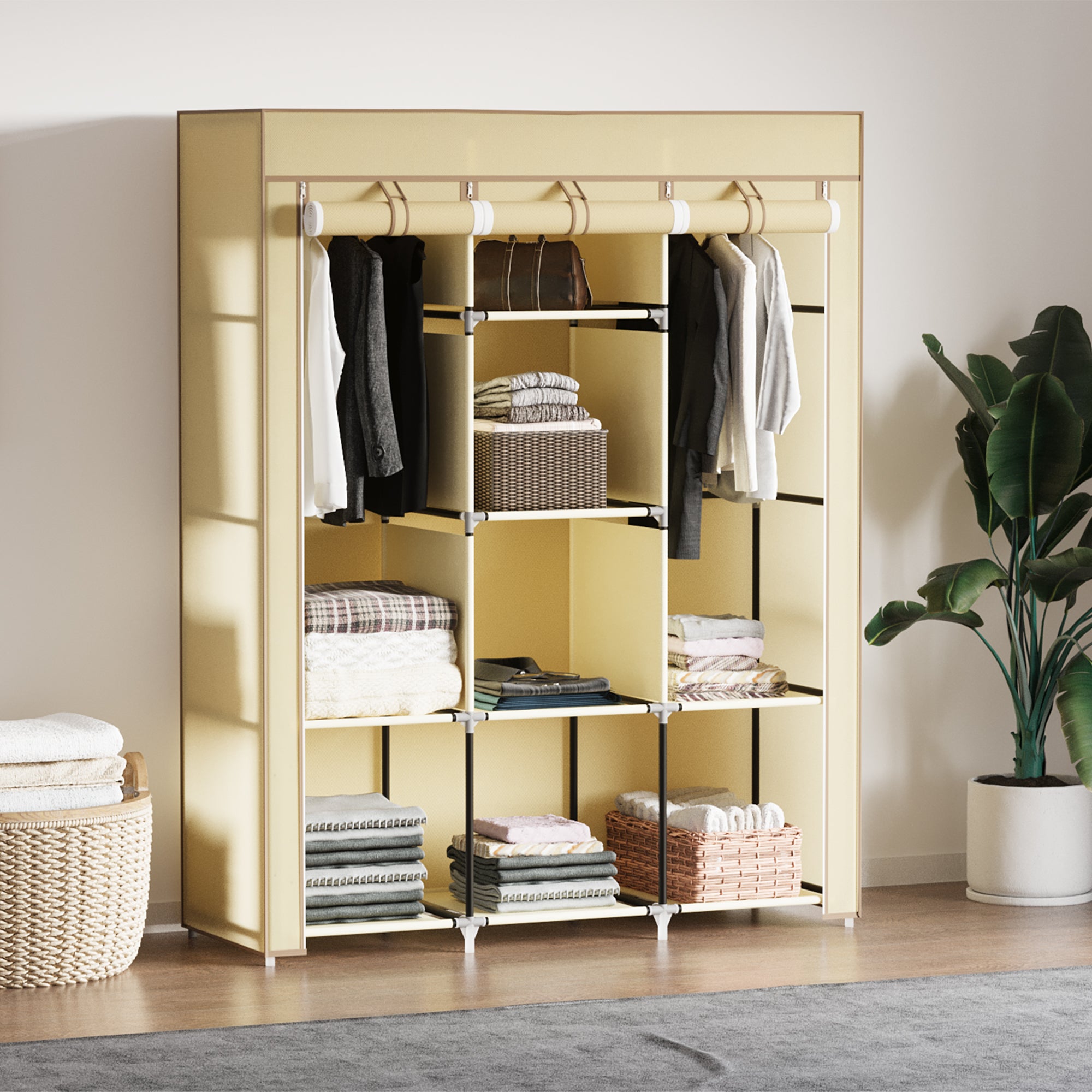 Fabric Wardrobe, Closet with Clothes Rods, 8 Tiers, Foldable Closet, Folding Wardrobe for Bedroom, Hallway, Non-Woven Fabric, Beige, 125 x 43 x 162.5 cm