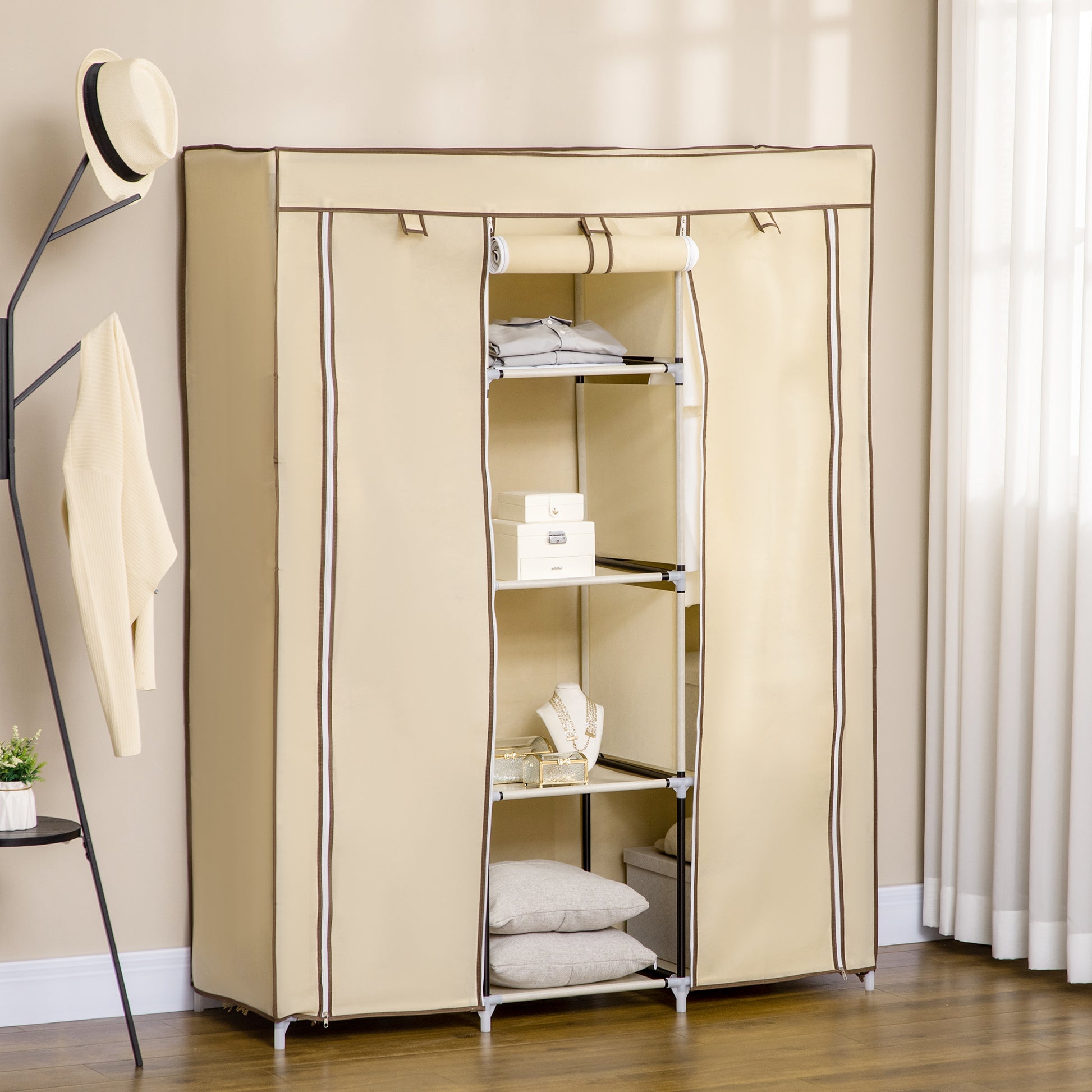 Fabric Wardrobe, Closet with Clothes Rods, 8 Tiers, Foldable Closet, Folding Wardrobe for Bedroom, Hallway, Non-Woven Fabric, Beige, 125 x 43 x 162.5 cm