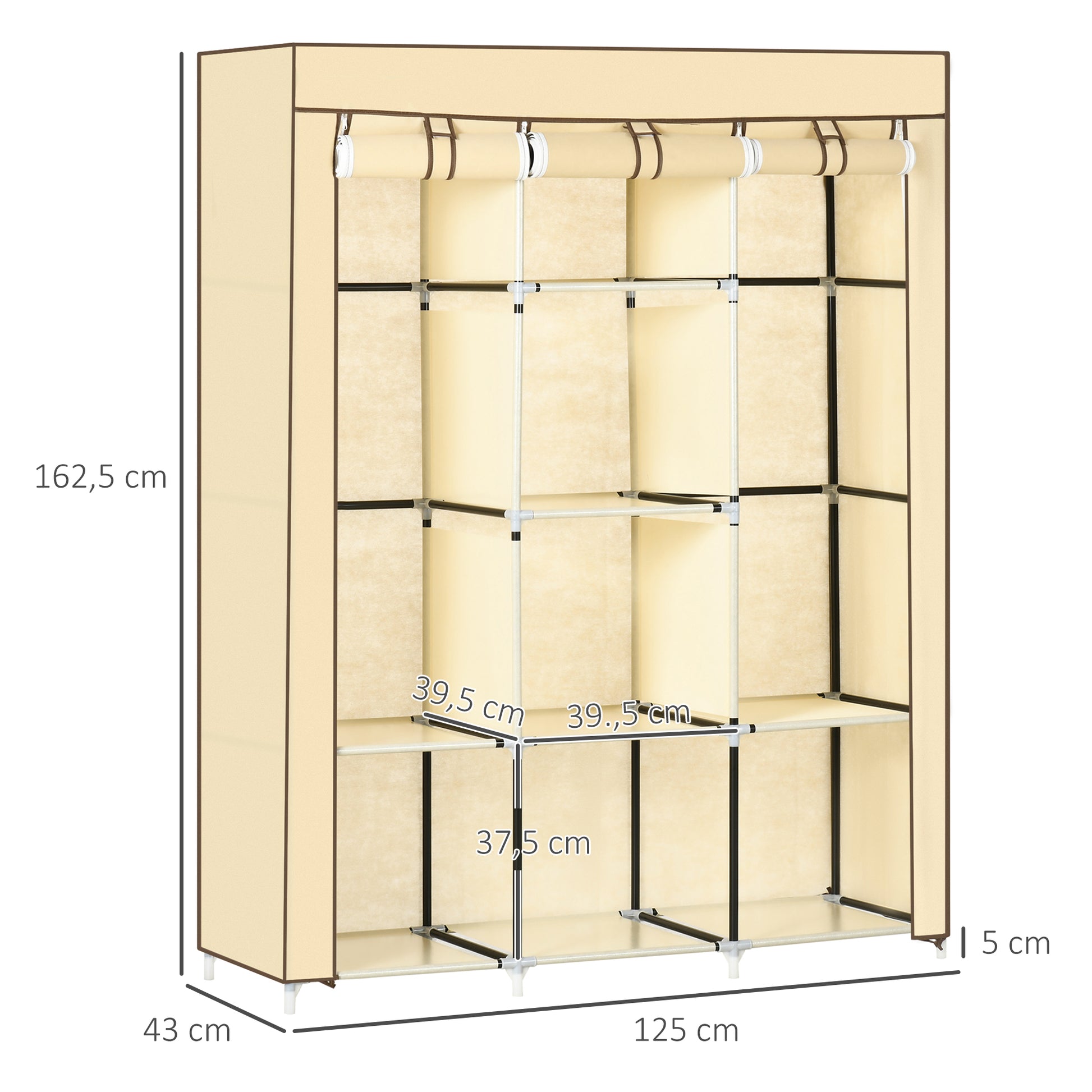 Fabric Wardrobe, Closet with Clothes Rods, 8 Tiers, Foldable Closet, Folding Wardrobe for Bedroom, Hallway, Non-Woven Fabric, Beige, 125 x 43 x 162.5 cm
