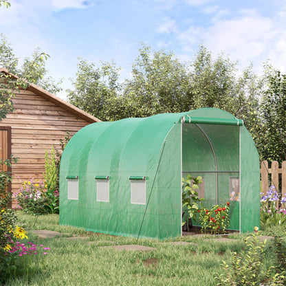 Garden Tunnel Greenhouse Ground Surface 6m² 3L x 2W x 2H m Reinforced Tubular Frame Zippered Door 6 Roll-Up Windows Green