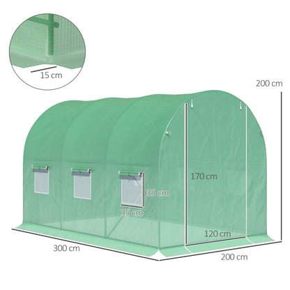 Garden Tunnel Greenhouse Ground Surface 6m² 3L x 2W x 2H m Reinforced Tubular Frame Zippered Door 6 Roll-Up Windows Green