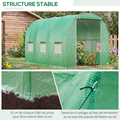 Garden Tunnel Greenhouse Ground Surface 6m² 3L x 2W x 2H m Reinforced Tubular Frame Zippered Door 6 Roll-Up Windows Green