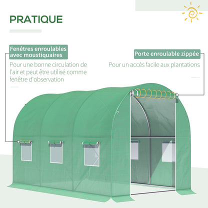 Garden Tunnel Greenhouse Ground Surface 6m² 3L x 2W x 2H m Reinforced Tubular Frame Zippered Door 6 Roll-Up Windows Green
