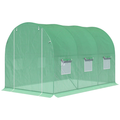 Garden Tunnel Greenhouse Ground Surface 6m² 3L x 2W x 2H m Reinforced Tubular Frame Zippered Door 6 Roll-Up Windows Green