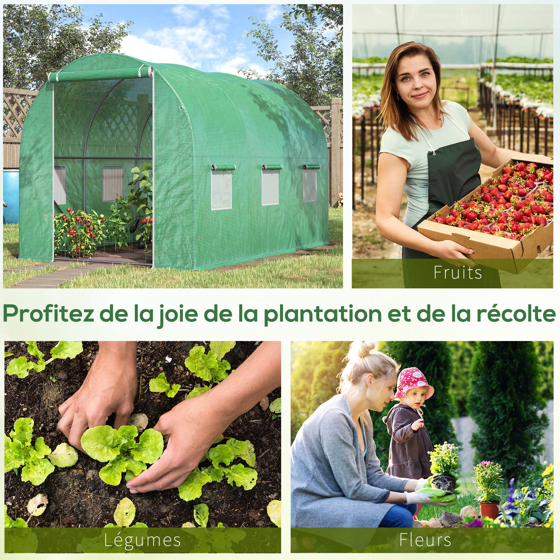Garden Tunnel Greenhouse Ground Surface 6m² 3L x 2W x 2H m Reinforced Tubular Frame Zippered Door 6 Roll-Up Windows Green