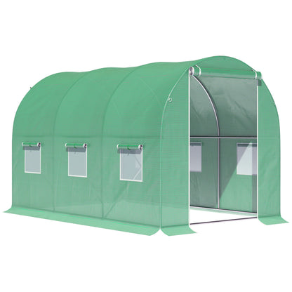 Garden Tunnel Greenhouse Ground Surface 6m² 3L x 2W x 2H m Reinforced Tubular Frame Zippered Door 6 Roll-Up Windows Green