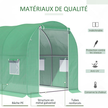 Garden Tunnel Greenhouse Ground Surface 6m² 3L x 2W x 2H m Reinforced Tubular Frame Zippered Door 6 Roll-Up Windows Green