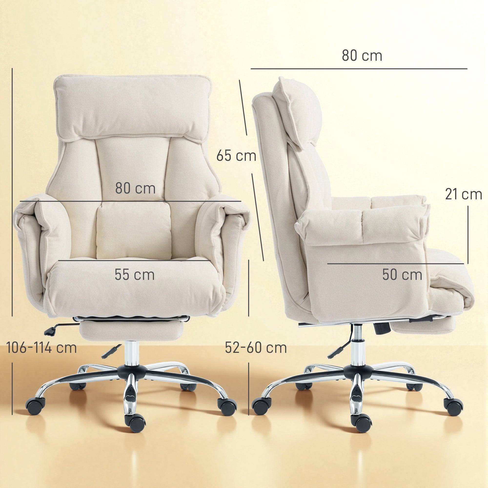 Swivel Office Chair with Lumbar Support, Armrests & Extendable Footrest — Snow-Flannel Padded, Height Adjustable, Cream