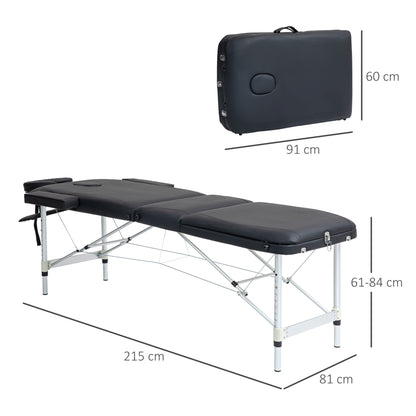 Foldable Massage Bed with Adjustable Height, Professional Massage Bed in Aluminum and Plastic, 215x81x61-84 cm, Black