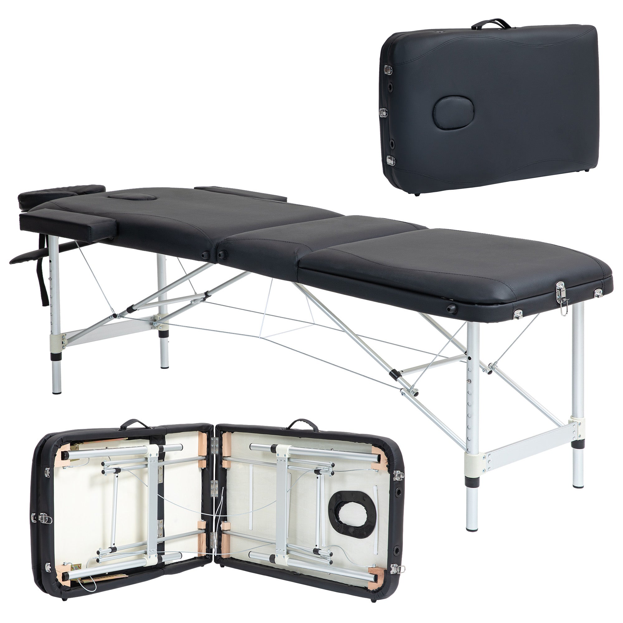 Foldable Massage Bed with Adjustable Height, Professional Massage Bed in Aluminum and Plastic, 215x81x61-84 cm, Black