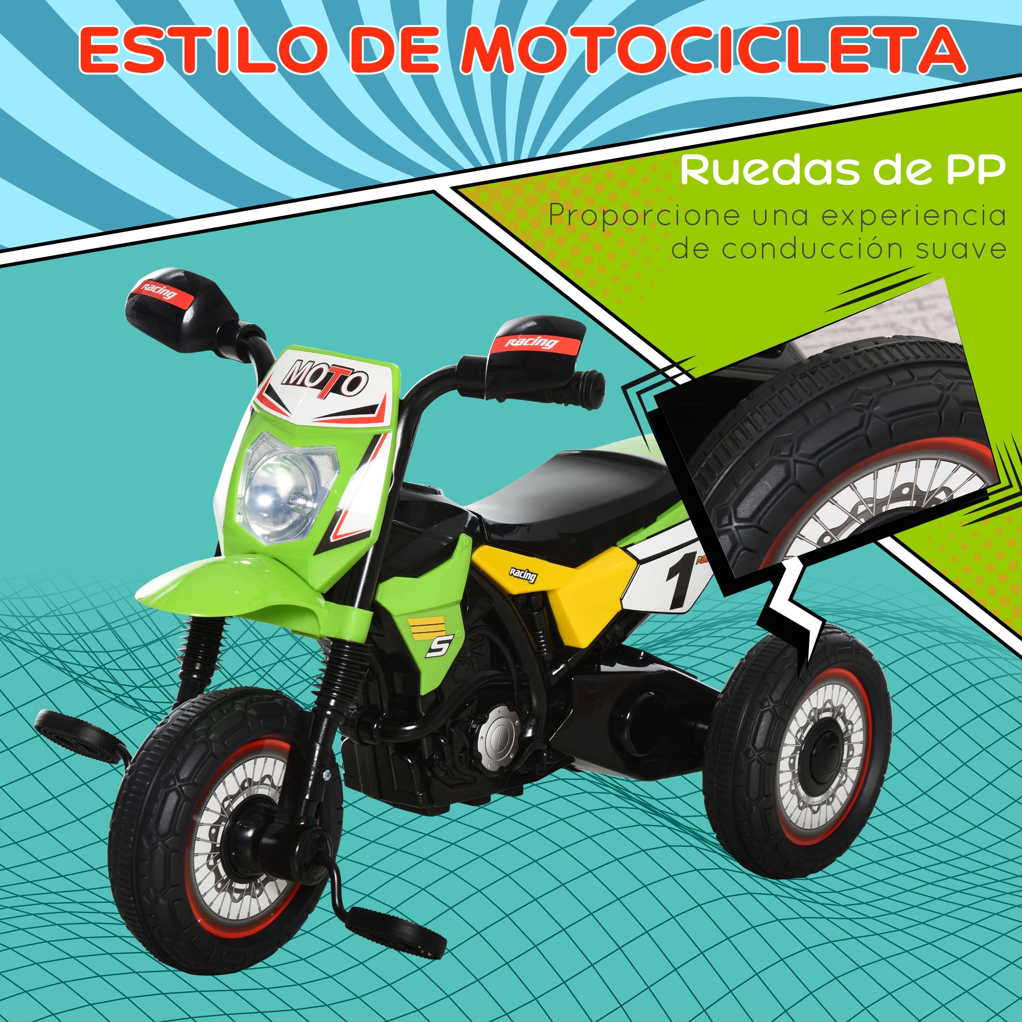 Kids Motorcycle Ride-On for 18-36 Months Children Tricycle for Kids Children's Tricycle with 3 Wheels Lights and Music Load 20 kg 71x40x51 cm Green