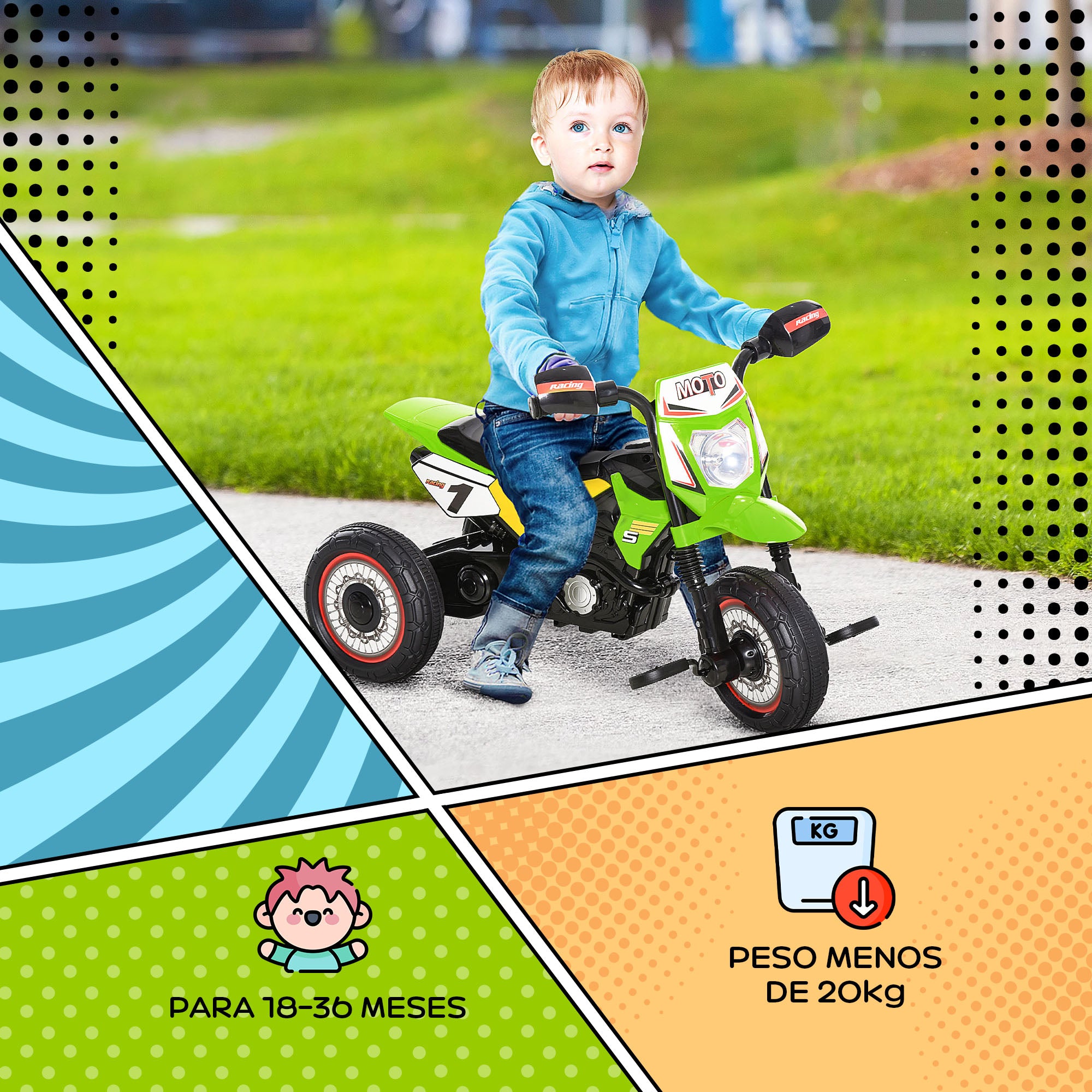 Kids Motorcycle Ride-On for 18-36 Months Children Tricycle for Kids Children's Tricycle with 3 Wheels Lights and Music Load 20 kg 71x40x51 cm Green