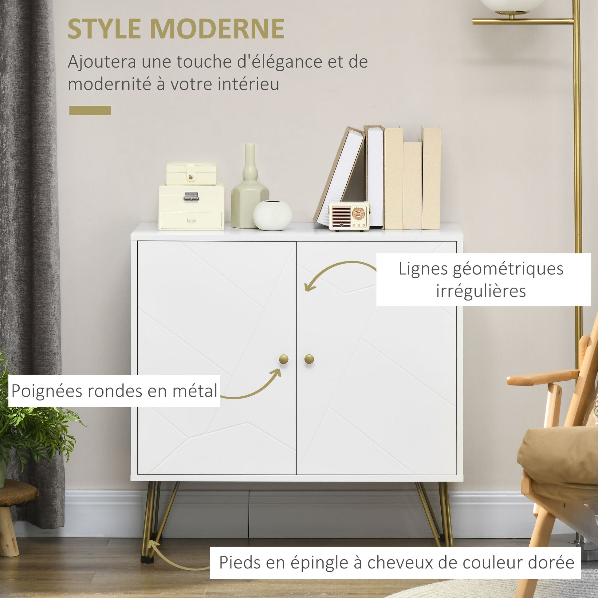 Storage Buffet Cabinet with Hairpin Legs - 2 Doors and 2 Adjustable Shelves - 80 x 40 x 80 cm - White Gold