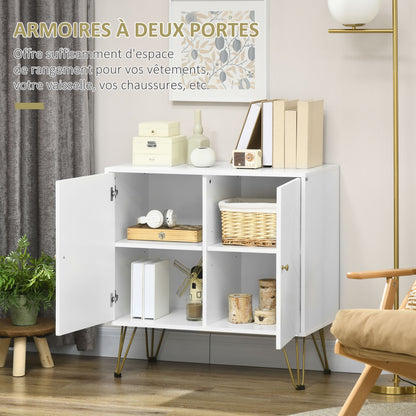 Storage Buffet Cabinet with Hairpin Legs - 2 Doors and 2 Adjustable Shelves - 80 x 40 x 80 cm - White Gold