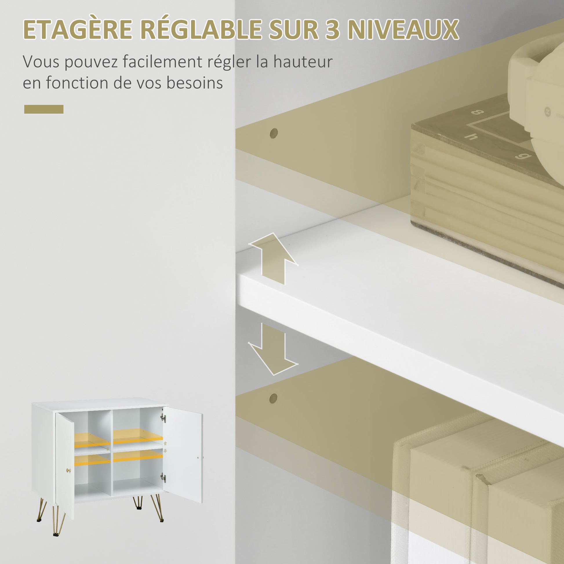 Storage Buffet Cabinet with Hairpin Legs - 2 Doors and 2 Adjustable Shelves - 80 x 40 x 80 cm - White Gold