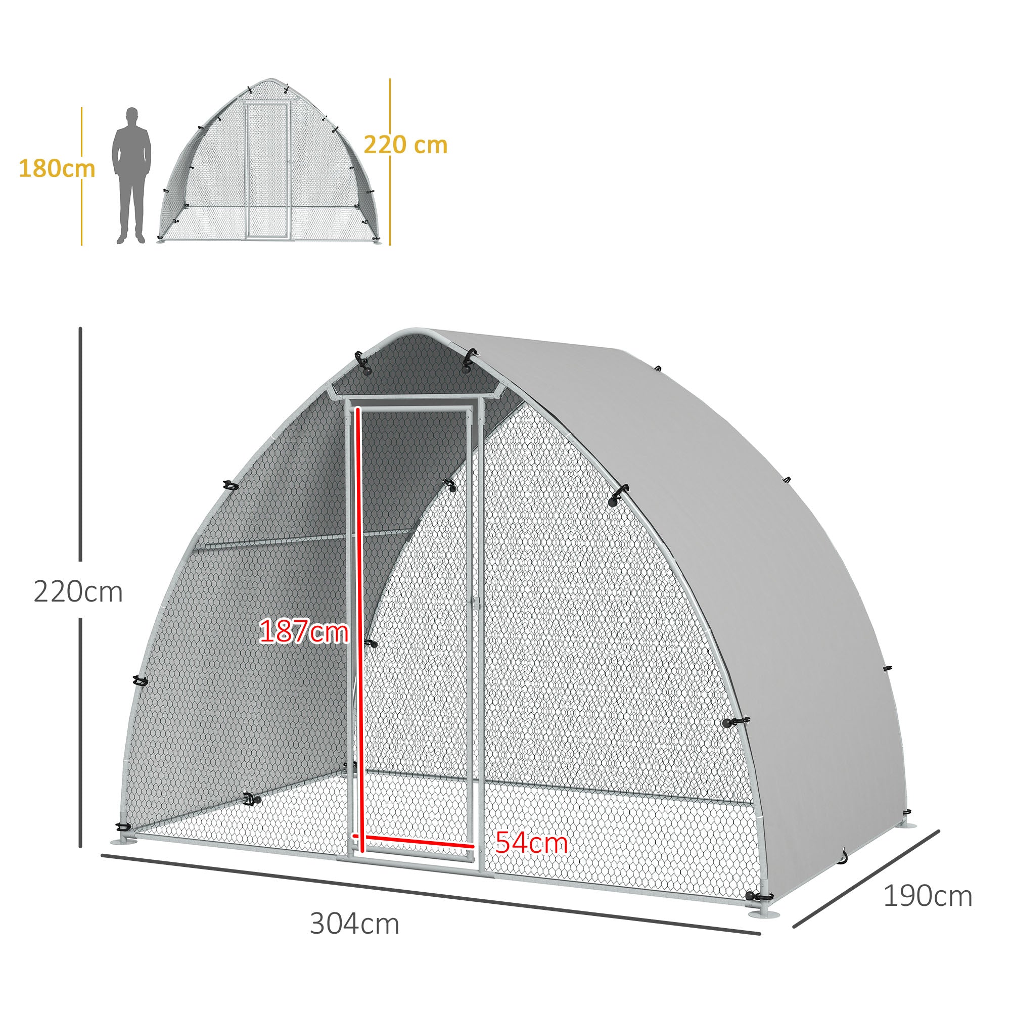 Large Chicken Coop Kennel Outdoor Aviary 5.75m² UV-Resistant Roof, Wire Mesh Enclosure 3.04L x 1.9W x 2.2H m, UV-Resistant Roof, Galvanized Steel, Lockable Door, Silver