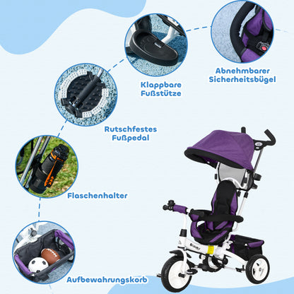6-in-1 Tricycle with Push Handle, Kids Trike with Removable Sun Canopy, Ride On with 5-Point Safety Harness, Basket, Cup Holder, for 1-5 Years Kids, Purple