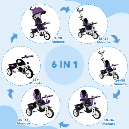6-in-1 Tricycle with Push Handle, Kids Trike with Removable Sun Canopy, Ride On with 5-Point Safety Harness, Basket, Cup Holder, for 1-5 Years Kids, Purple