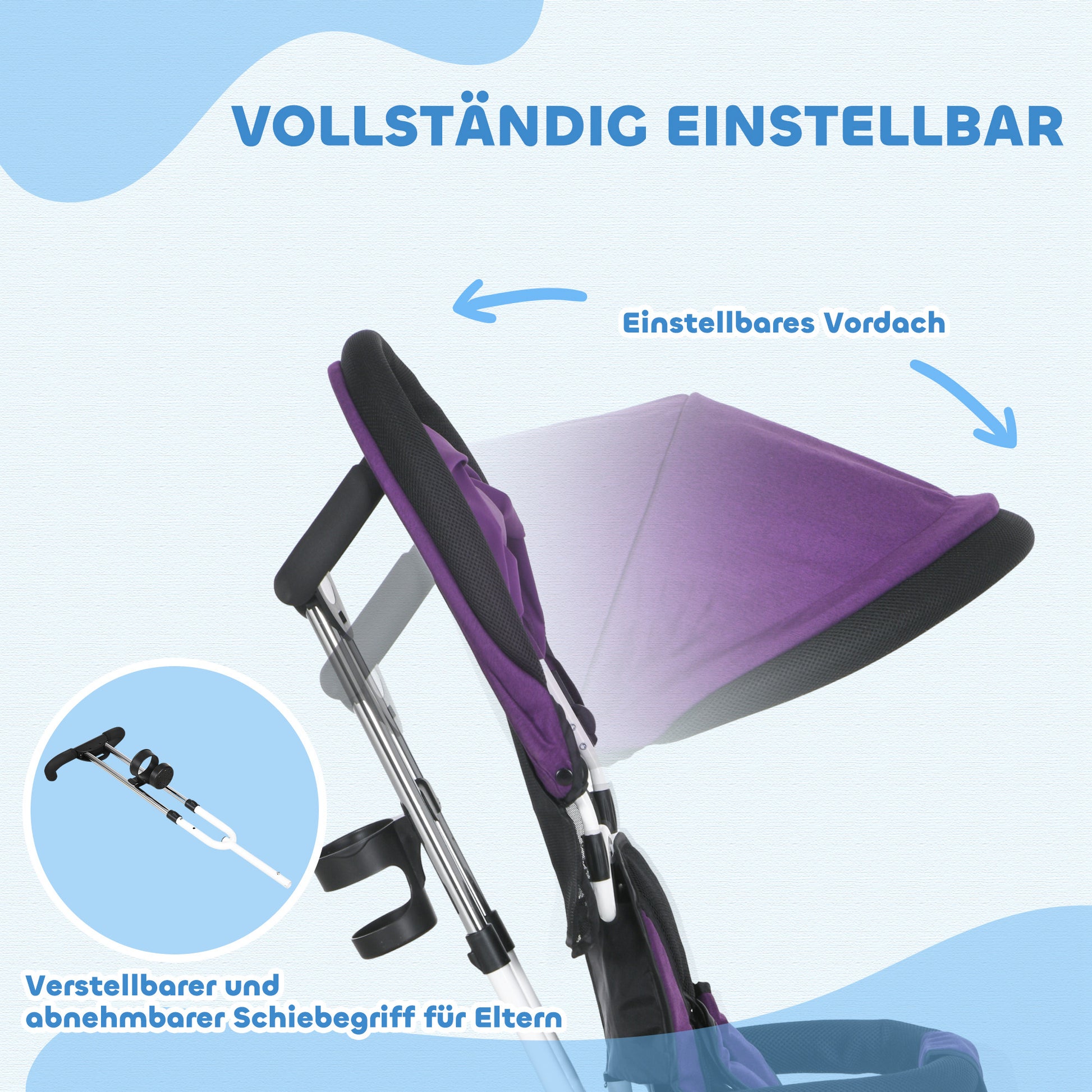 6-in-1 Tricycle with Push Handle, Kids Trike with Removable Sun Canopy, Ride On with 5-Point Safety Harness, Basket, Cup Holder, for 1-5 Years Kids, Purple