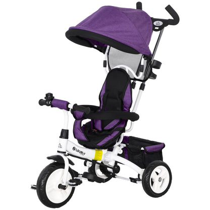 6-in-1 Tricycle with Push Handle, Kids Trike with Removable Sun Canopy, Ride On with 5-Point Safety Harness, Basket, Cup Holder, for 1-5 Years Kids, Purple