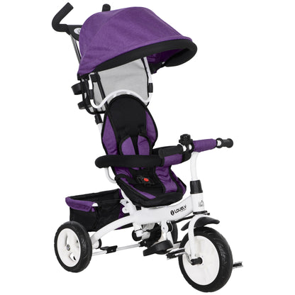 6-in-1 Tricycle with Push Handle, Kids Trike with Removable Sun Canopy, Ride On with 5-Point Safety Harness, Basket, Cup Holder, for 1-5 Years Kids, Purple