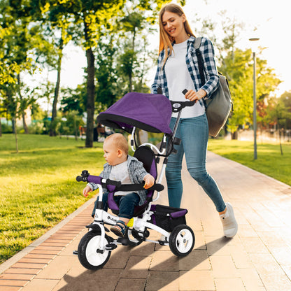 6-in-1 Tricycle with Push Handle, Kids Trike with Removable Sun Canopy, Ride On with 5-Point Safety Harness, Basket, Cup Holder, for 1-5 Years Kids, Purple