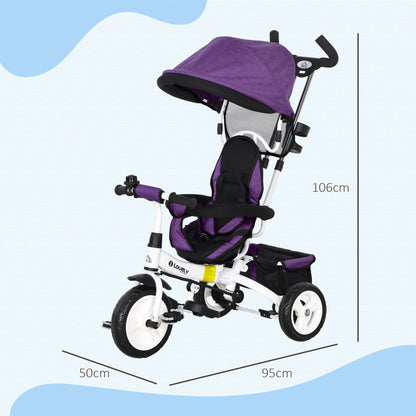 6-in-1 Tricycle with Push Handle, Kids Trike with Removable Sun Canopy, Ride On with 5-Point Safety Harness, Basket, Cup Holder, for 1-5 Years Kids, Purple