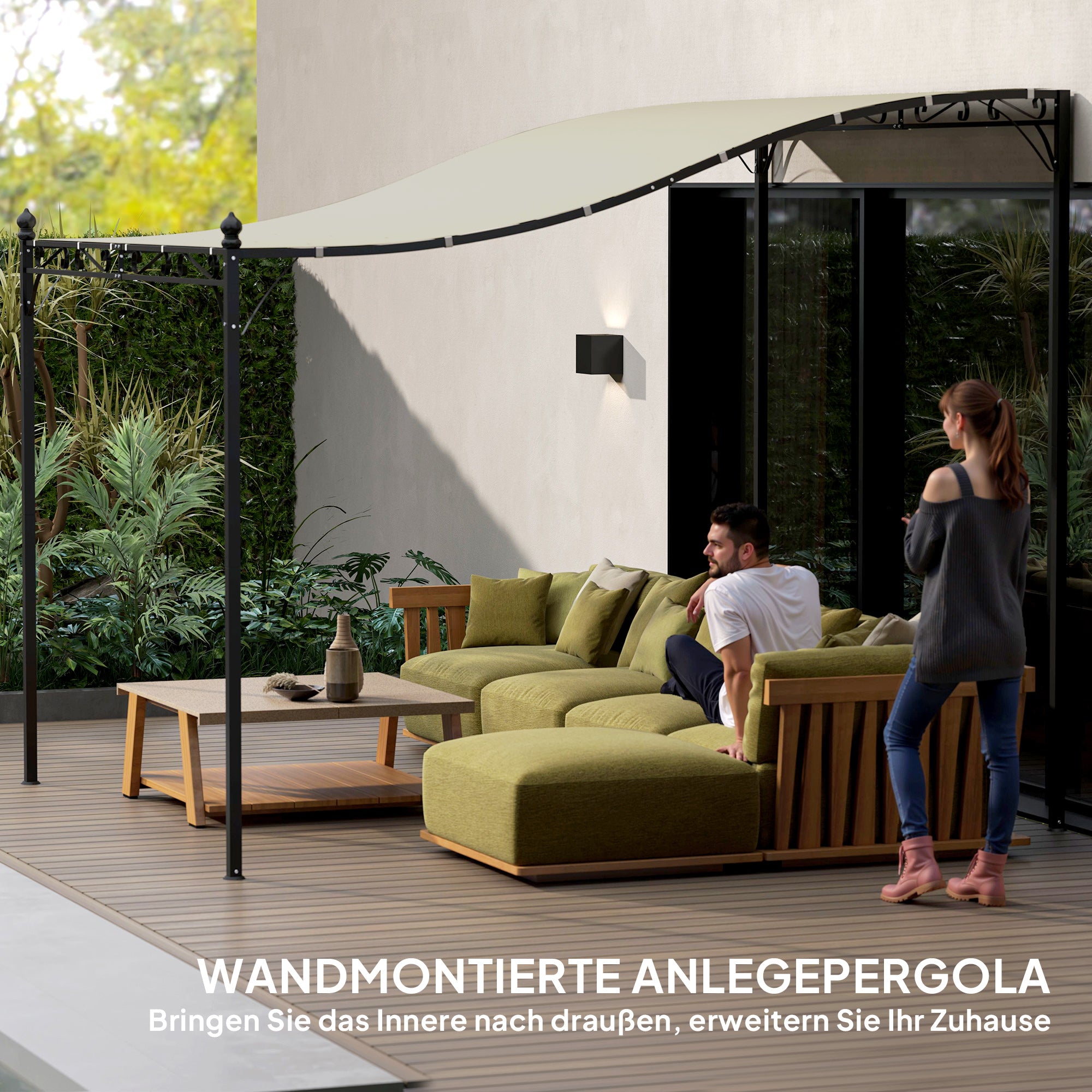 Lean-To Pergola with Roof, Water-Resistant Awning, Freestanding Garden Canopy Patio Gazebo Sun Shelter for Patio Garden approx. 2.5x3x2.5 m Cream White