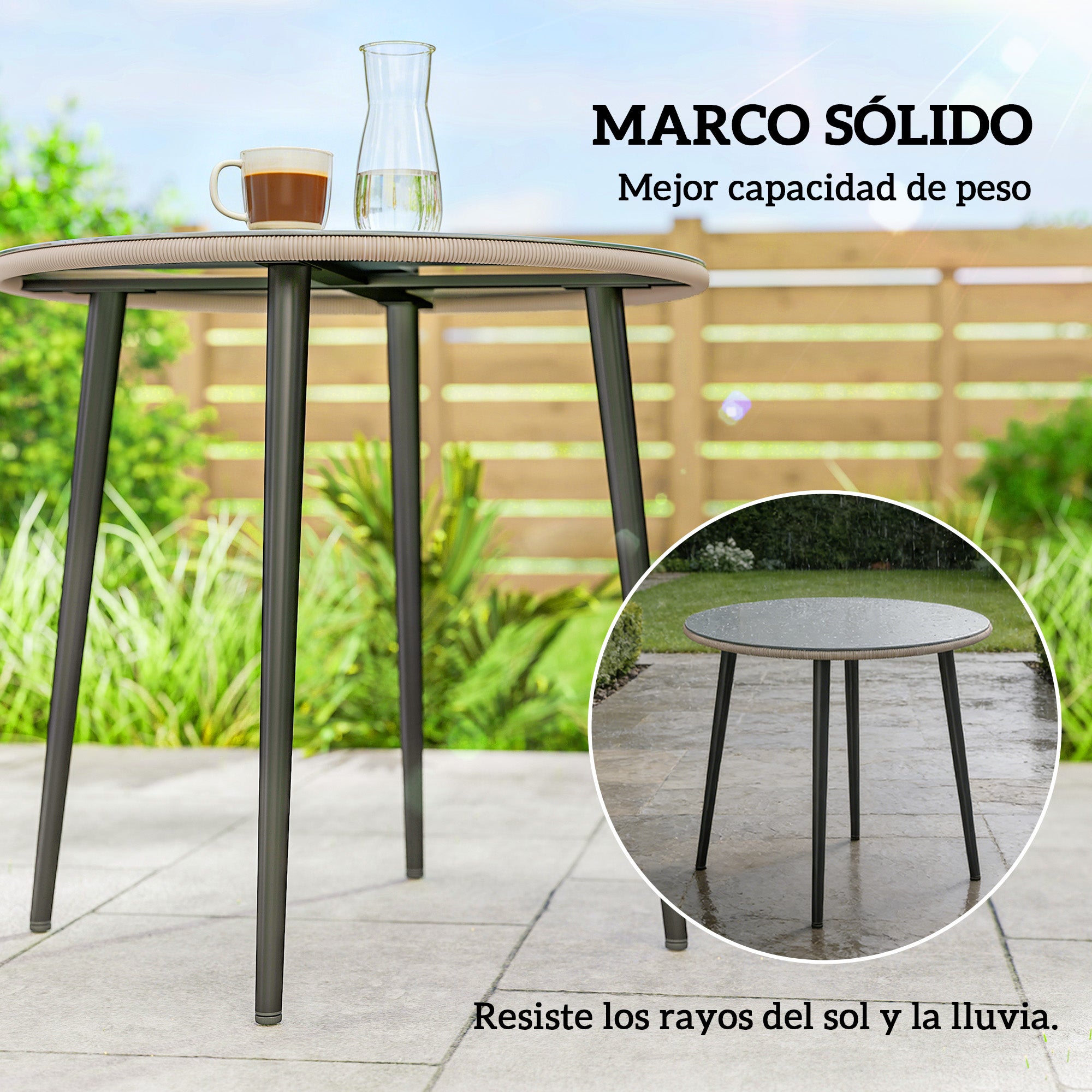Round Garden Dining Table, Outdoor Patio Table 31.5 x 31.5 x 29.1 in, Tempered Glass Top with Rattan Edge, Steel Frame, 110 lb Capacity, for Patio & Balcony, Gray