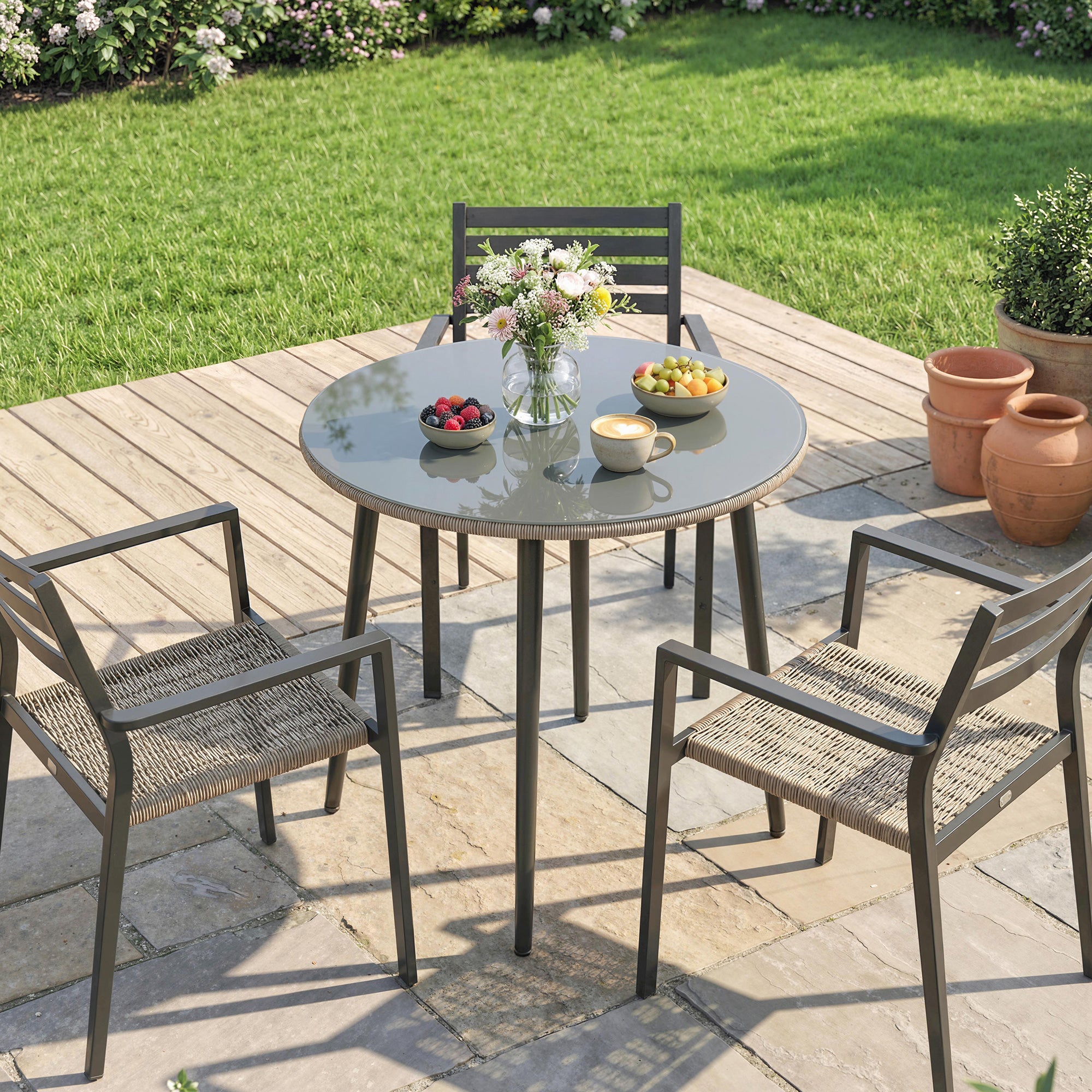 Round Garden Dining Table, Outdoor Patio Table 31.5 x 31.5 x 29.1 in, Tempered Glass Top with Rattan Edge, Steel Frame, 110 lb Capacity, for Patio & Balcony, Gray