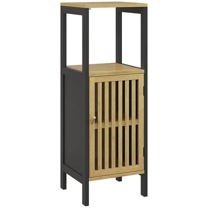 Low Bathroom Cabinet in Bamboo with 1-Door Cupboard and Open Niche 32 x 30 x 90.5 cm, Black and Wood