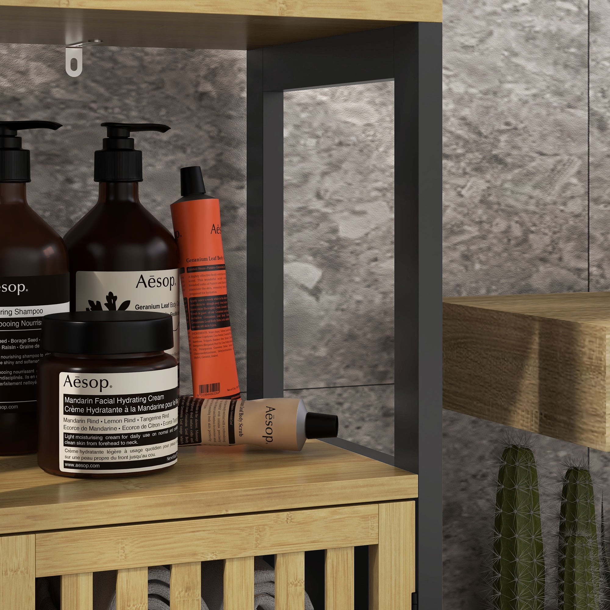 Low Bathroom Cabinet in Bamboo with 1-Door Cupboard and Open Niche 32 x 30 x 90.5 cm, Black and Wood