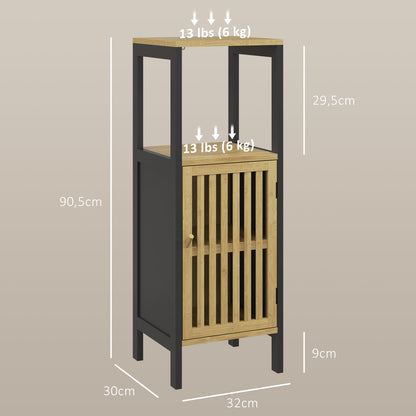 Low Bathroom Cabinet in Bamboo with 1-Door Cupboard and Open Niche 32 x 30 x 90.5 cm, Black and Wood