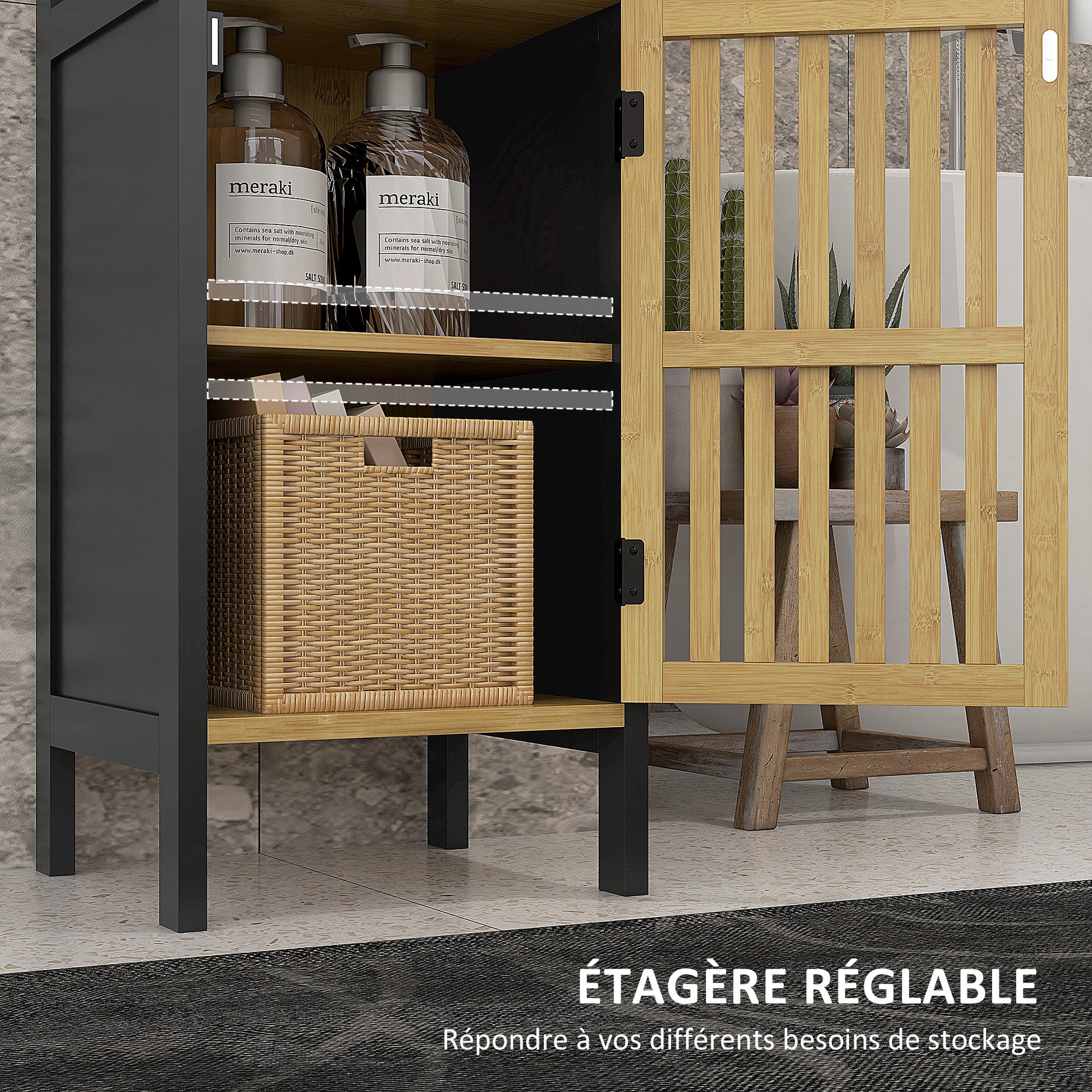 Low Bathroom Cabinet in Bamboo with 1-Door Cupboard and Open Niche 32 x 30 x 90.5 cm, Black and Wood