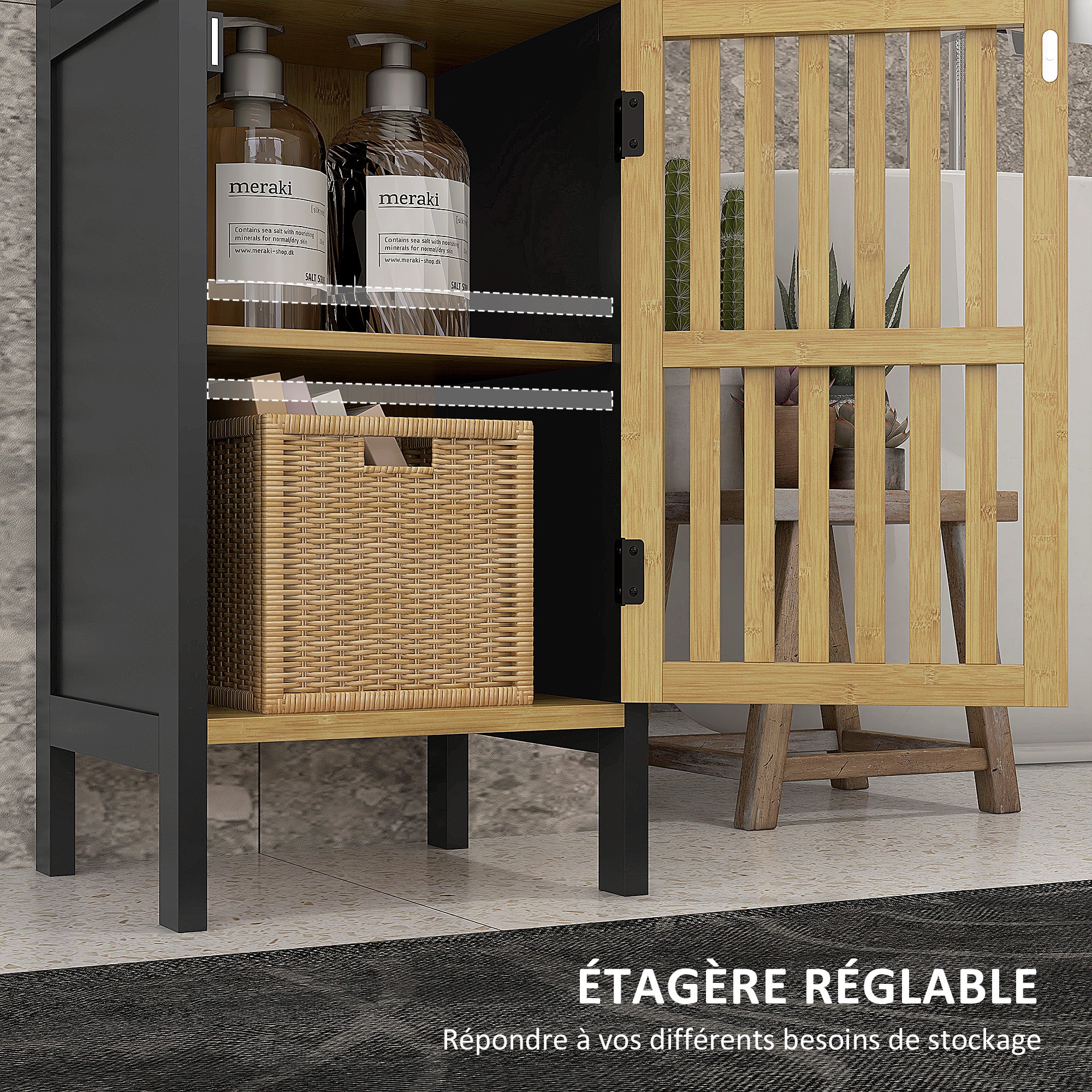 Low Bathroom Cabinet in Bamboo with 1-Door Cupboard and Open Niche 32 x 30 x 90.5 cm, Black and Wood