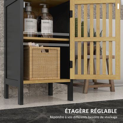 Low Bathroom Cabinet in Bamboo with 1-Door Cupboard and Open Niche 32 x 30 x 90.5 cm, Black and Wood