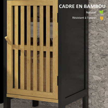 Low Bathroom Cabinet in Bamboo with 1-Door Cupboard and Open Niche 32 x 30 x 90.5 cm, Black and Wood