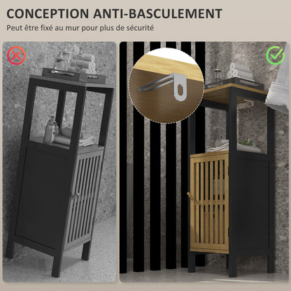 Low Bathroom Cabinet in Bamboo with 1-Door Cupboard and Open Niche 32 x 30 x 90.5 cm, Black and Wood