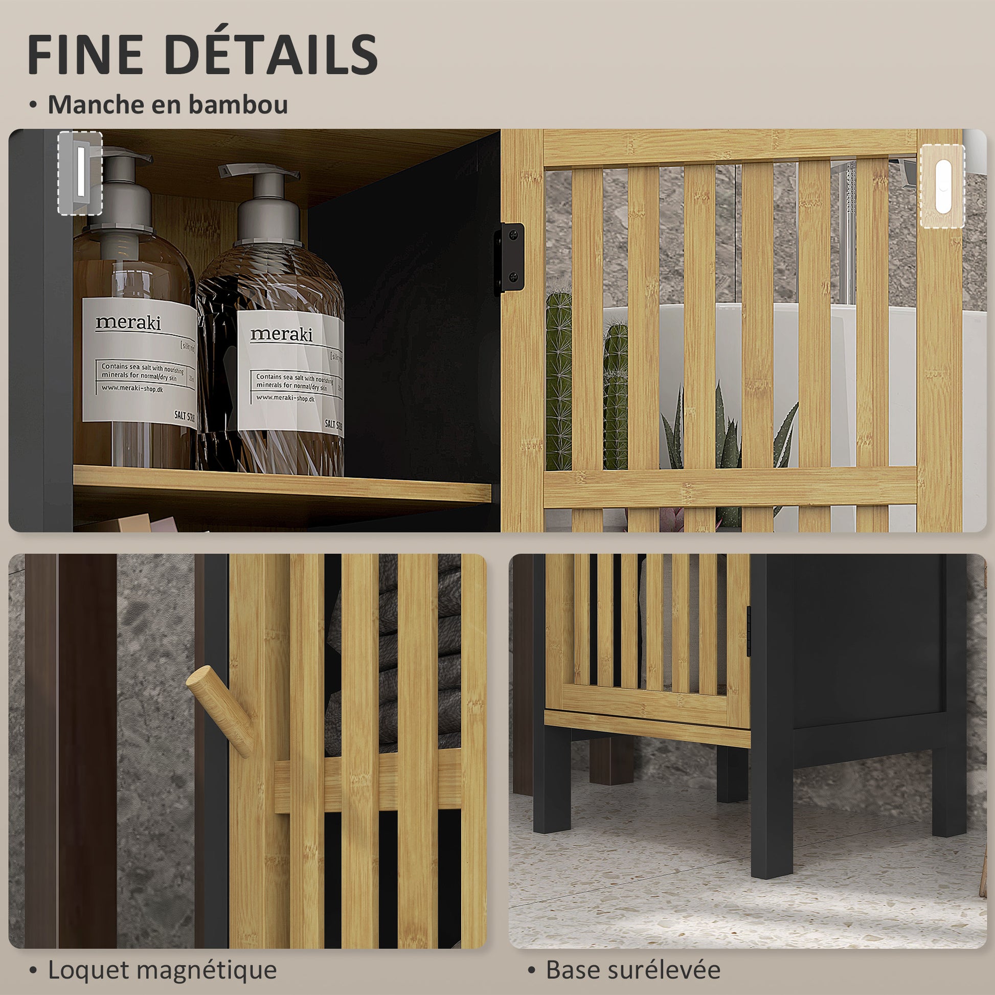 Low Bathroom Cabinet in Bamboo with 1-Door Cupboard and Open Niche 32 x 30 x 90.5 cm, Black and Wood