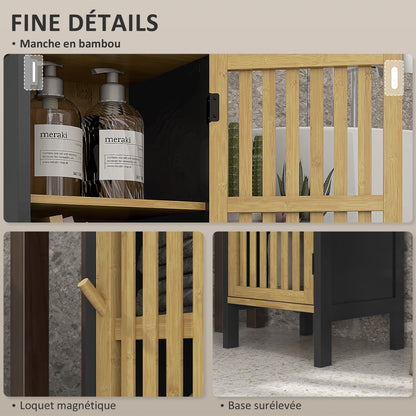 Low Bathroom Cabinet in Bamboo with 1-Door Cupboard and Open Niche 32 x 30 x 90.5 cm, Black and Wood