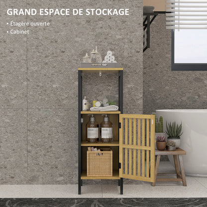 Low Bathroom Cabinet in Bamboo with 1-Door Cupboard and Open Niche 32 x 30 x 90.5 cm, Black and Wood