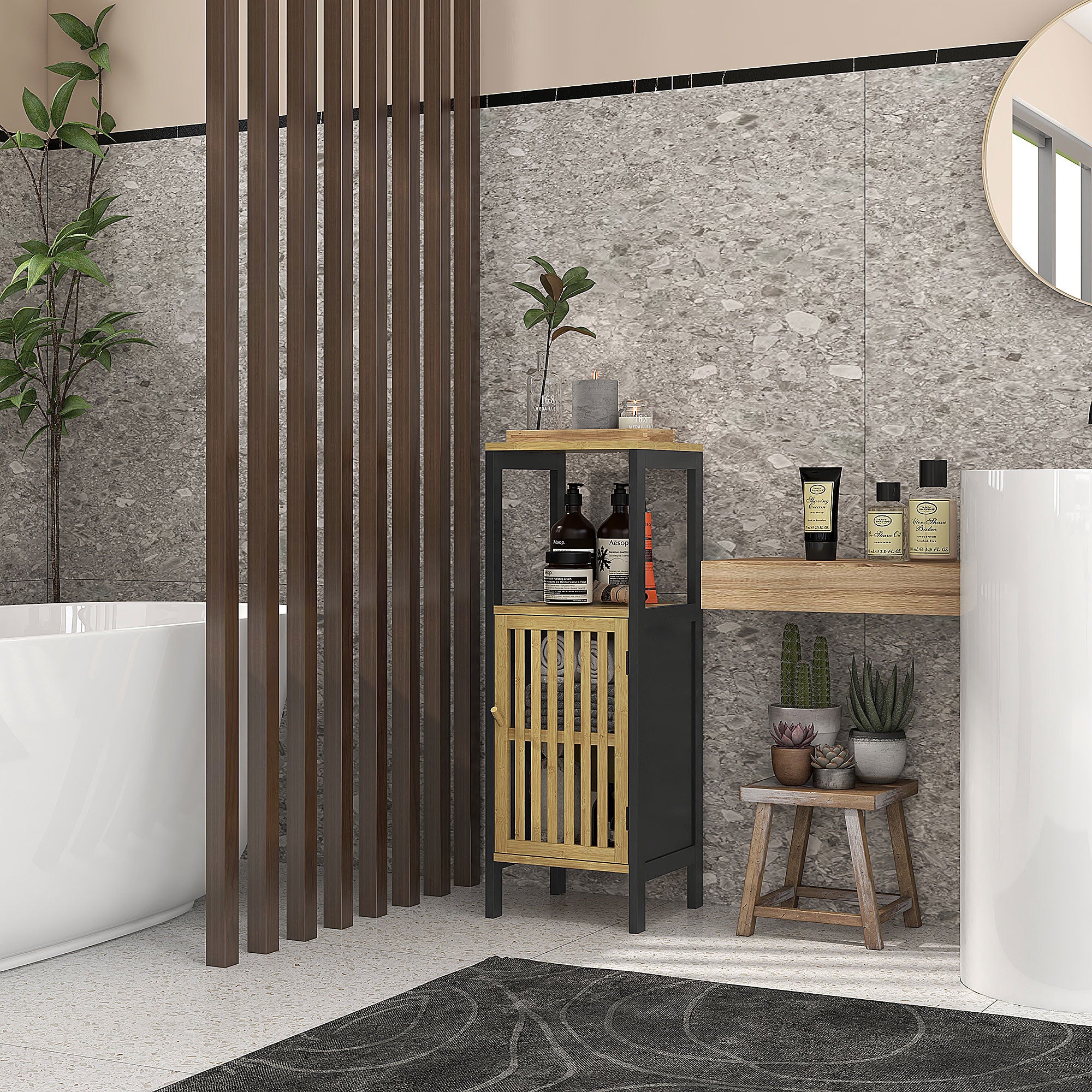Low Bathroom Cabinet in Bamboo with 1-Door Cupboard and Open Niche 32 x 30 x 90.5 cm, Black and Wood