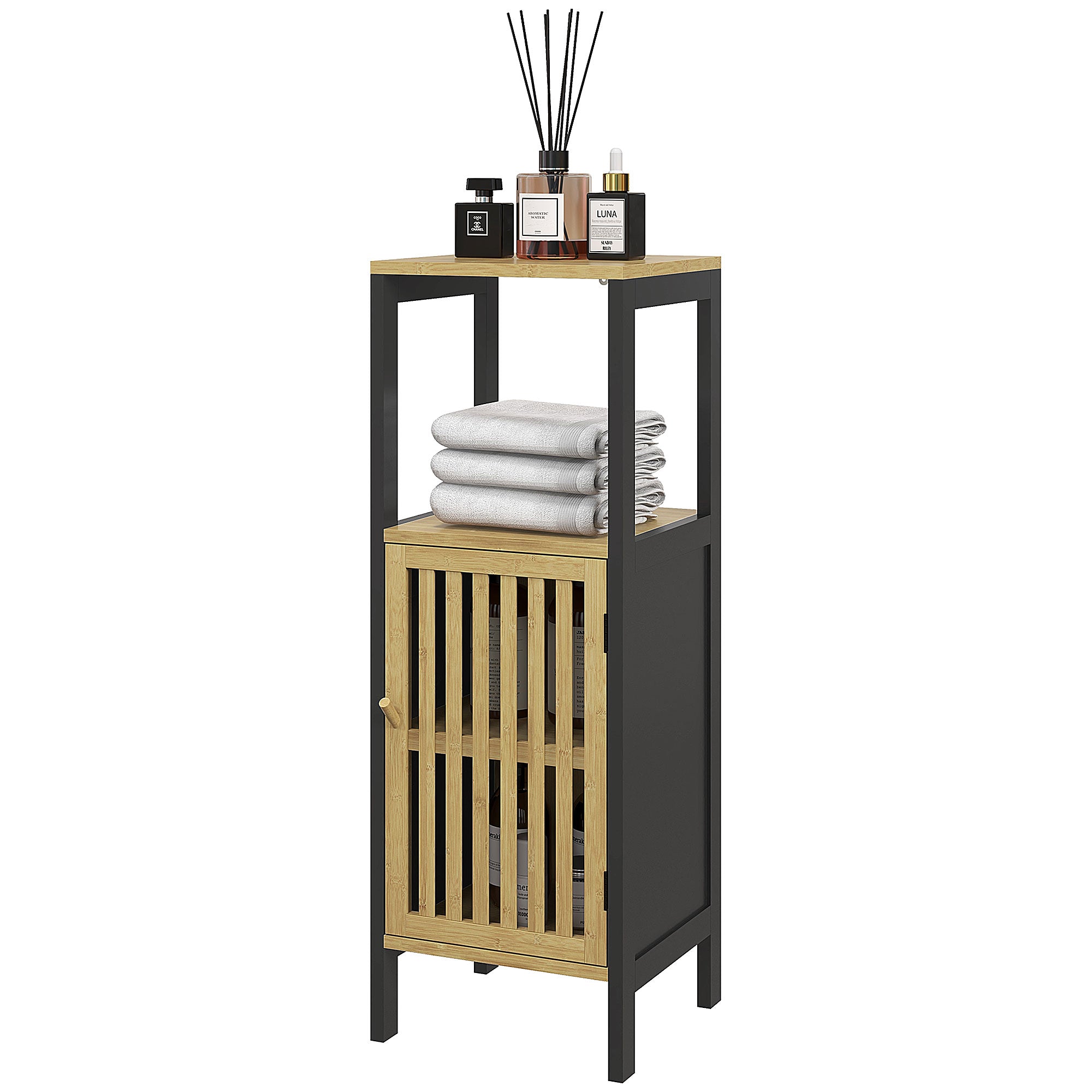 Low Bathroom Cabinet in Bamboo with 1-Door Cupboard and Open Niche 32 x 30 x 90.5 cm, Black and Wood